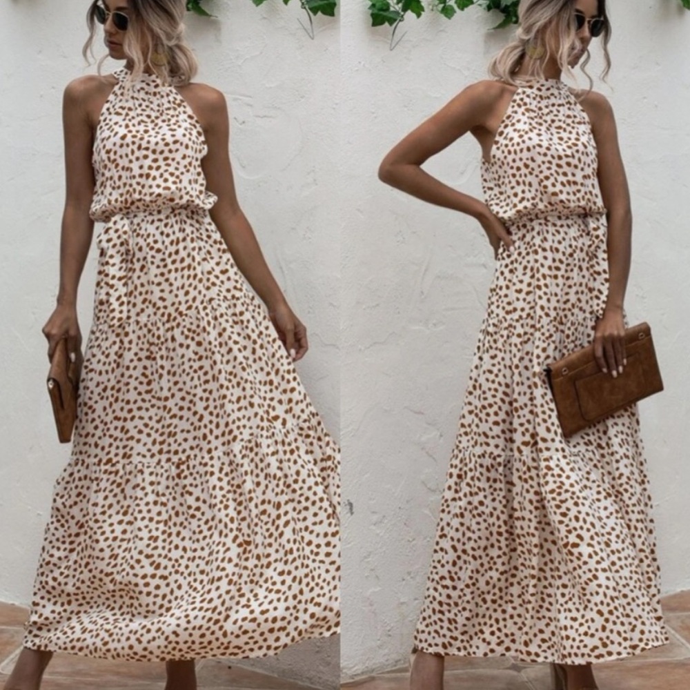 Boho polka dot belted layer ruffle halter dress LAST FEW - Picture 3 of 8